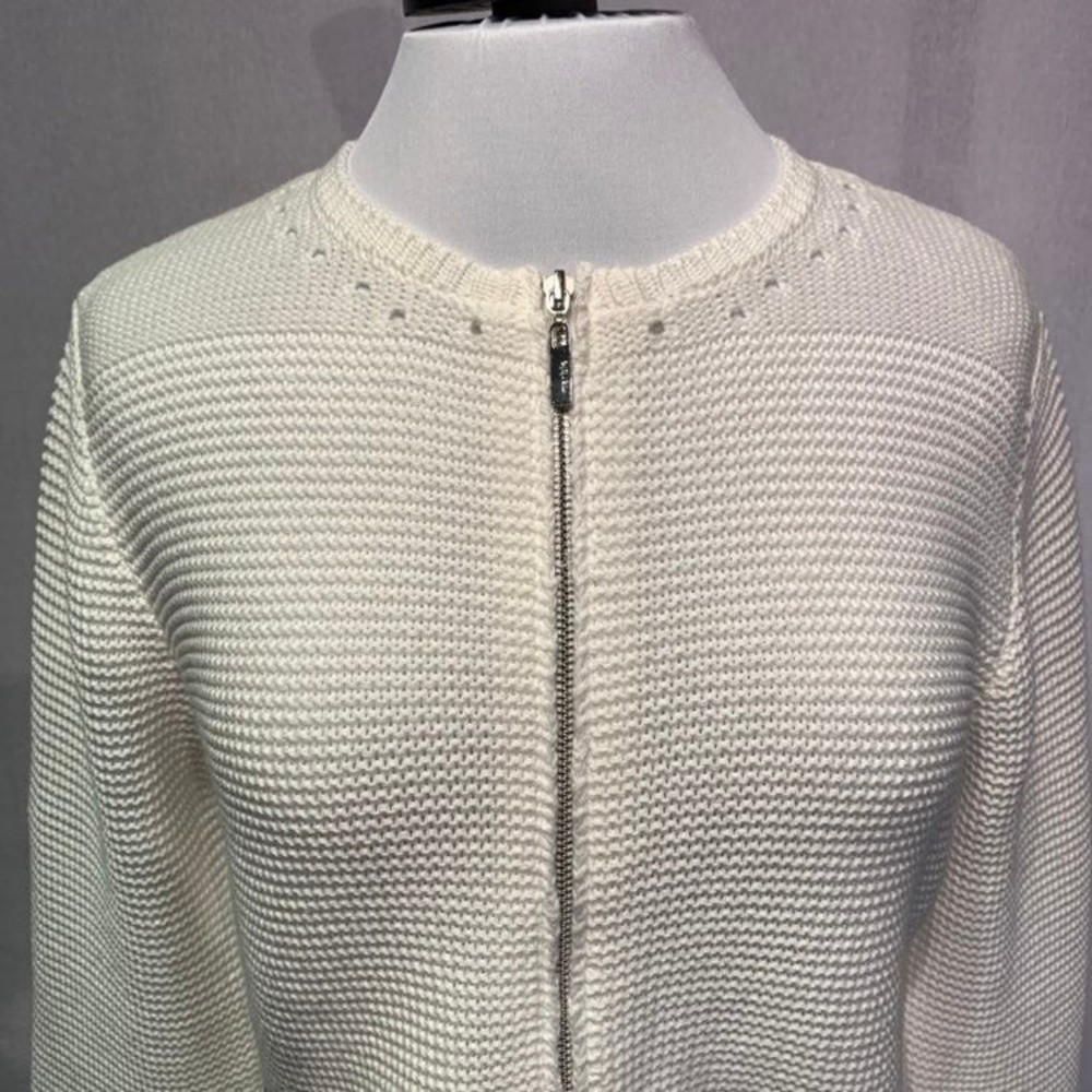Marble Cream White Ribbed Pointelle knit full zip Cardigan Women's Medium - Picture 4 of 12